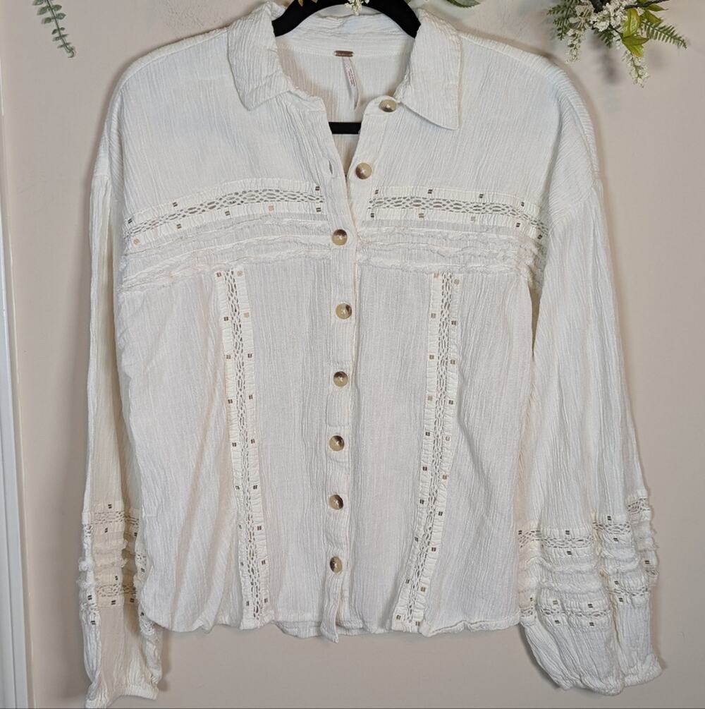 Free People Cream Crochet Sequin Long Sleeve Button Up Top
